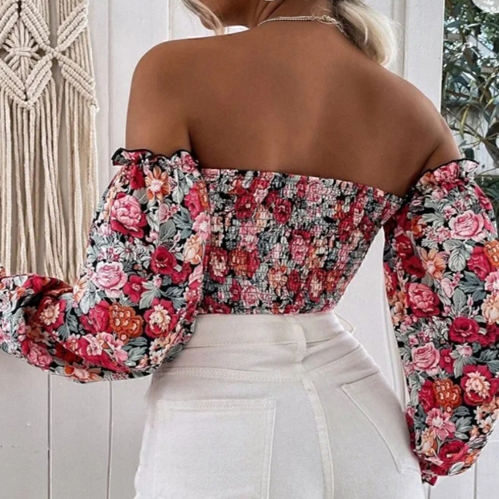 All Over Print Floral Off The Shoulder Shirred Top - Picture 7 of 11